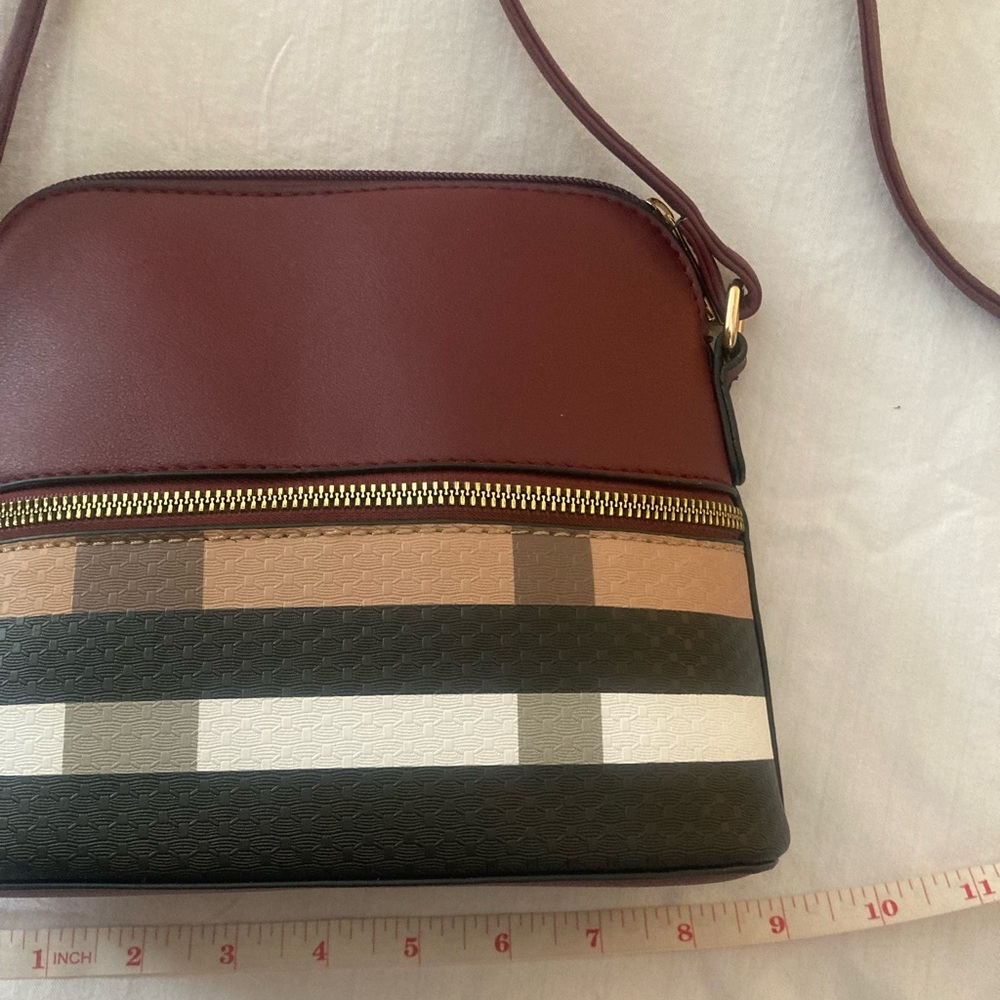 Burgundy and Multicolor Plaid Vegan Leather Crossbody Bag - Picture 16 of 16